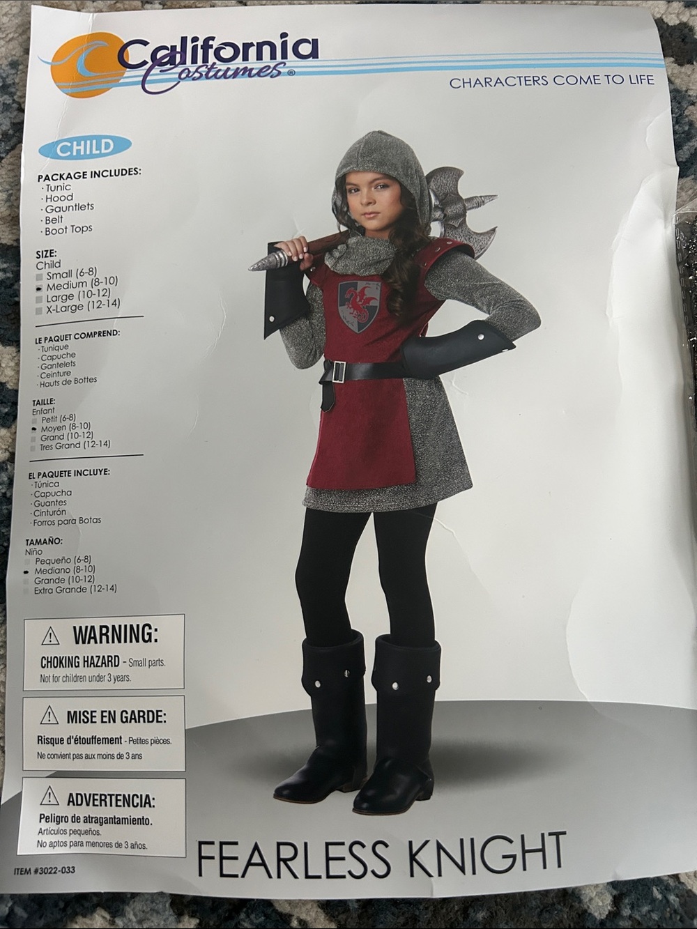 California Costumes Fearless Knight Outfit - Red and Gray size medium 8-10years